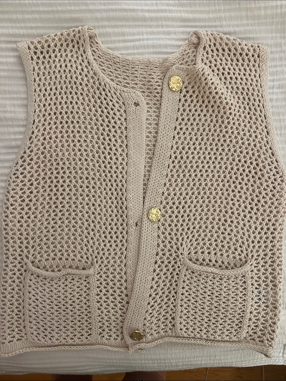 Cream Open-Knit Buttoned Vest with Gold Buttons